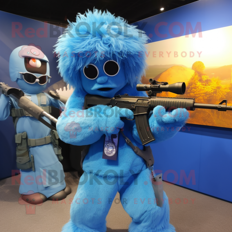 Sky Blue Sniper mascot costume character dressed with a Henley Tee and Hair clips