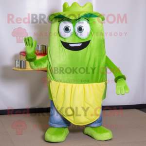 Lime Green Lasagna mascot costume character dressed with a Jeans and Headbands