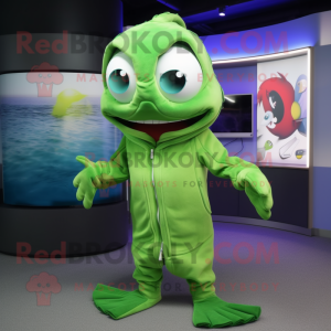 Green Betta Fish mascot costume character dressed with a Hoodie and Ties