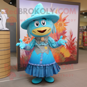 Turquoise Scarecrow mascot costume character dressed with a Wrap Skirt and Berets