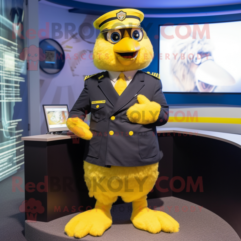 Navy Canary mascot costume character dressed with a Jacket and Digital watches