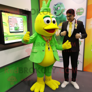 Lime Green Butter Chicken mascot costume character dressed with a Blazer and Digital watches