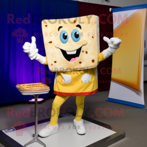 White Grilled Cheese Sandwich mascot costume character dressed with a Jeggings and Cummerbunds