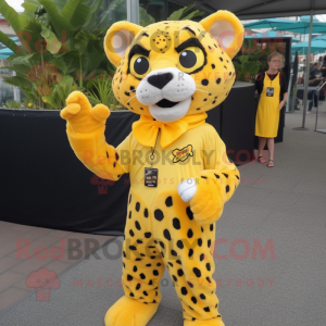 Yellow Cheetah mascot costume character dressed with a Blouse and Pocket squares