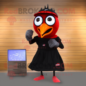 Red Blackbird mascot costume character dressed with a Wrap Skirt and Digital watches