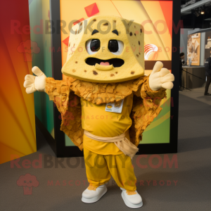Gold Nachos mascot costume character dressed with a Cover-up and Mittens