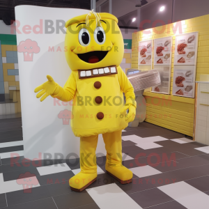 Lemon Yellow Chocolate Bar mascot costume character dressed with a Jumpsuit and Shoe clips