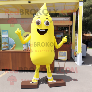 Lemon Yellow Chocolate Bar mascot costume character dressed with a Jumpsuit and Shoe clips