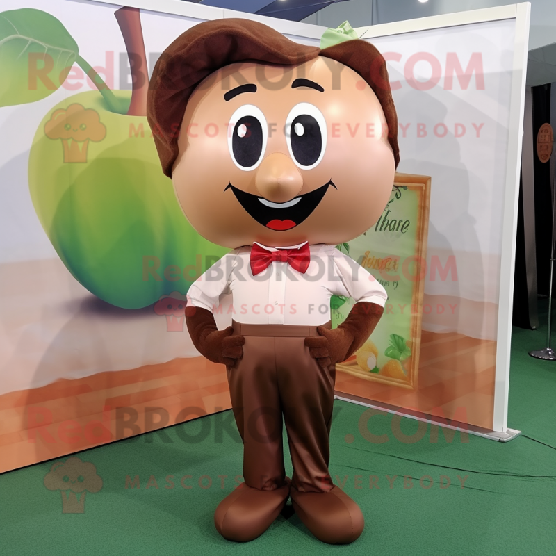 Brown Apple mascot costume character dressed with a Culottes and Bow ties