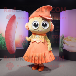 Peach Fish Tacos mascot costume character dressed with a Skirt and Anklets