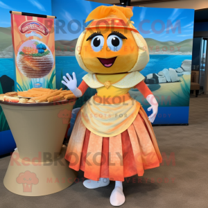 Peach Fish Tacos mascot costume character dressed with a Skirt and Anklets