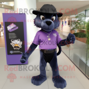 Lavender Panther mascot costume character dressed with a Skinny Jeans and Hat pins