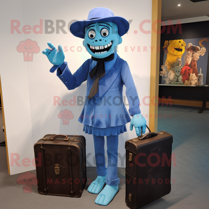 Blue Undead mascot costume character dressed with a Culottes and Briefcases