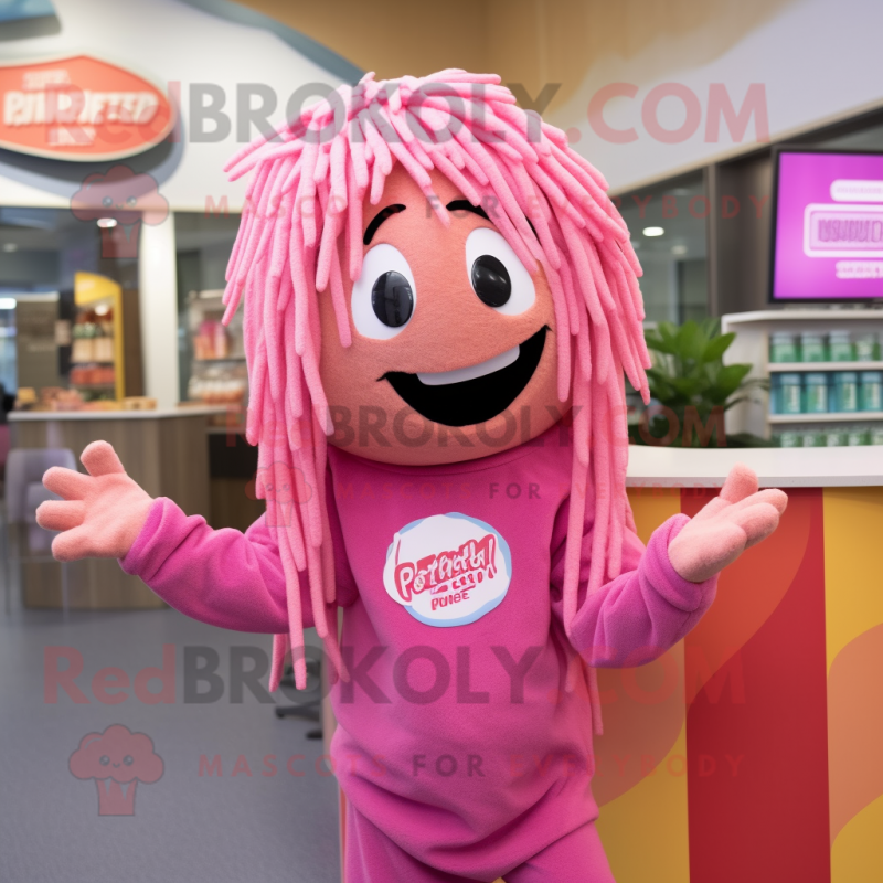 Pink Pesto Pasta mascot costume character dressed with a Hoodie and Headbands