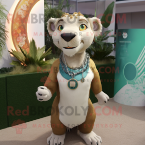 Olive Smilodon mascot costume character dressed with a Rash Guard and Necklaces