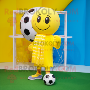 Yellow Soccer Goal mascot costume character dressed with a Leggings and Scarves