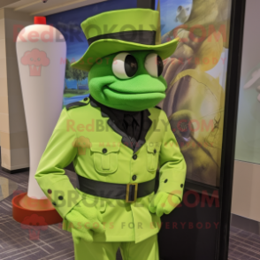 Lime Green Marine Recon mascot costume character dressed with a Tuxedo and Hats