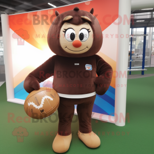 Brown Rugby Ball mascot costume character dressed with a Sweatshirt and Clutch bags