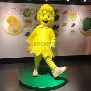 Lemon Yellow Irish Dancing Shoes mascot costume character dressed with a Coat and Cufflinks