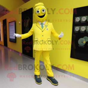 Lemon Yellow Irish Dancing Shoes mascot costume character dressed with a Coat and Cufflinks