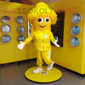 Lemon Yellow Irish Dancing Shoes mascot costume character dressed with a Coat and Cufflinks