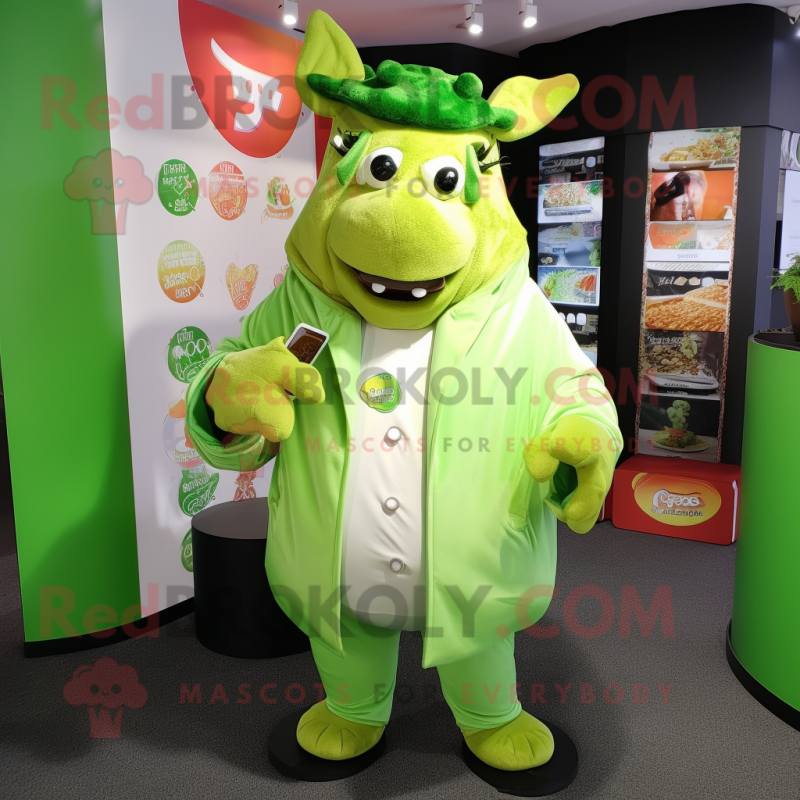 Lime Green Beef Stroganoff mascot costume character dressed with a Jacket and Coin purses