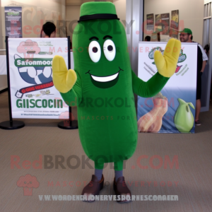 Forest Green Cucumber mascot costume character dressed with a Graphic Tee and Shoe clips