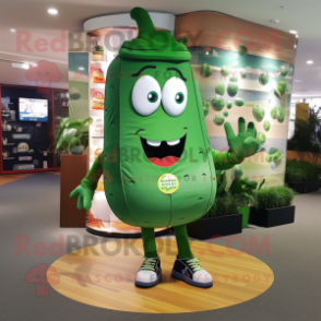 Forest Green Cucumber mascot costume character dressed with a Graphic Tee and Shoe clips