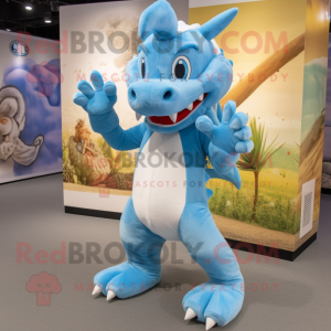 Sky Blue Dragon mascot costume character dressed with a Jeans and Foot pads