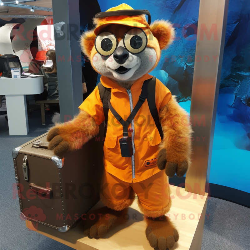 Orange Lemur mascot costume character dressed with a Parka and Briefcases