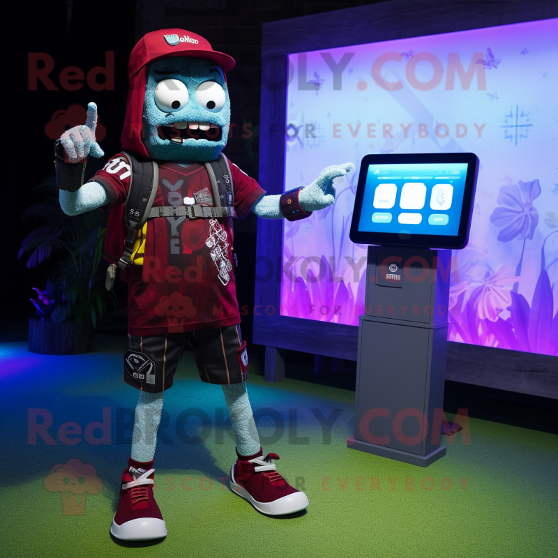 Maroon Undead mascot costume character dressed with a Board Shorts and Smartwatches