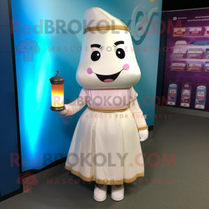 Cream Scented Candle mascot costume character dressed with a A-Line Dress and Backpacks