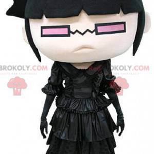 Mascotte de fillette habillée en noir avec des lunettes -
