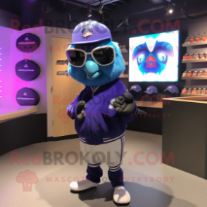 Purple Blue Jay mascot costume character dressed with a Bomber Jacket and Sunglasses