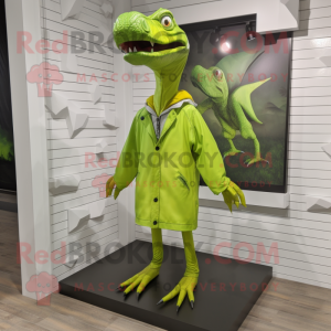 Lime Green Dimorphodon mascot costume character dressed with a Windbreaker and Bow ties