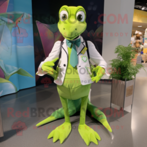 Lime Green Dimorphodon mascot costume character dressed with a Windbreaker and Bow ties