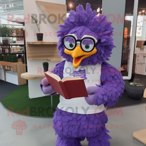 Purple Fried Chicken mascot costume character dressed with a T-Shirt and Reading glasses