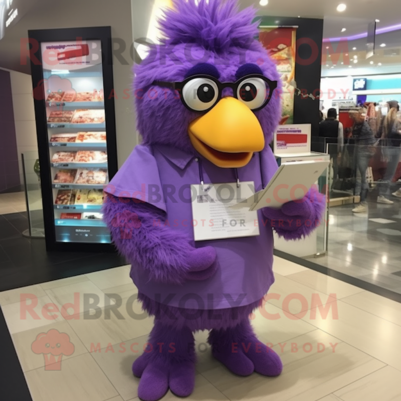 Purple Fried Chicken mascot costume character dressed with a T-Shirt and Reading glasses