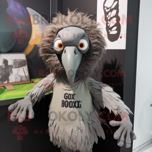 Gray Vulture mascot costume character dressed with a Graphic Tee and Hairpins