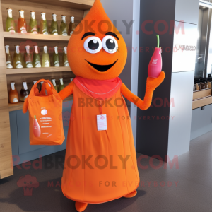 Orange Tikka Masala mascot costume character dressed with a Cocktail Dress and Tote bags
