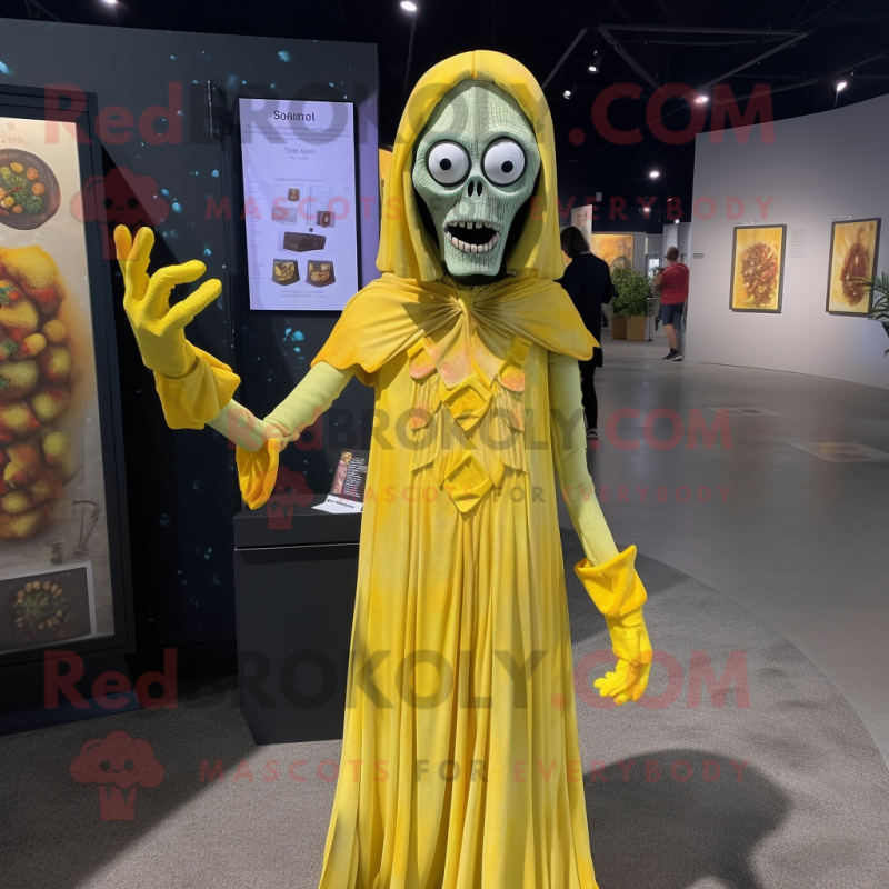 Lemon Yellow Undead mascot costume character dressed with a Maxi Dress and Mittens