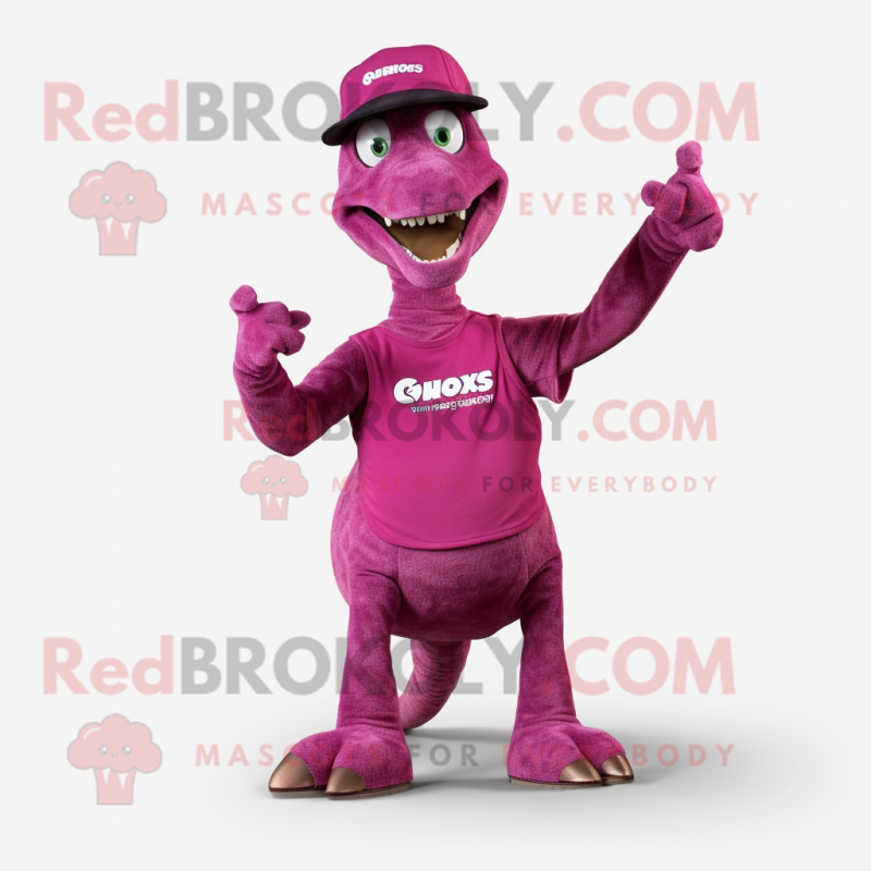 Magenta Brachiosaurus mascot costume character dressed with a Vest and Hat pins