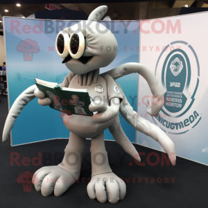 Silver Kraken mascot costume character dressed with a Rugby Shirt and Reading glasses