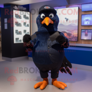 Navy Blackbird mascot costume character dressed with a Graphic Tee and Mittens