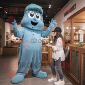 Cyan Ghost mascot costume character dressed with a Mom Jeans and Berets