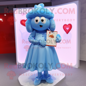 Sky Blue Love Letter mascot costume character dressed with a Maxi Dress and Mittens