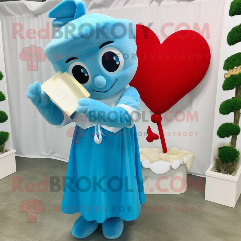 Sky Blue Love Letter mascot costume character dressed with a Maxi Dress and Mittens