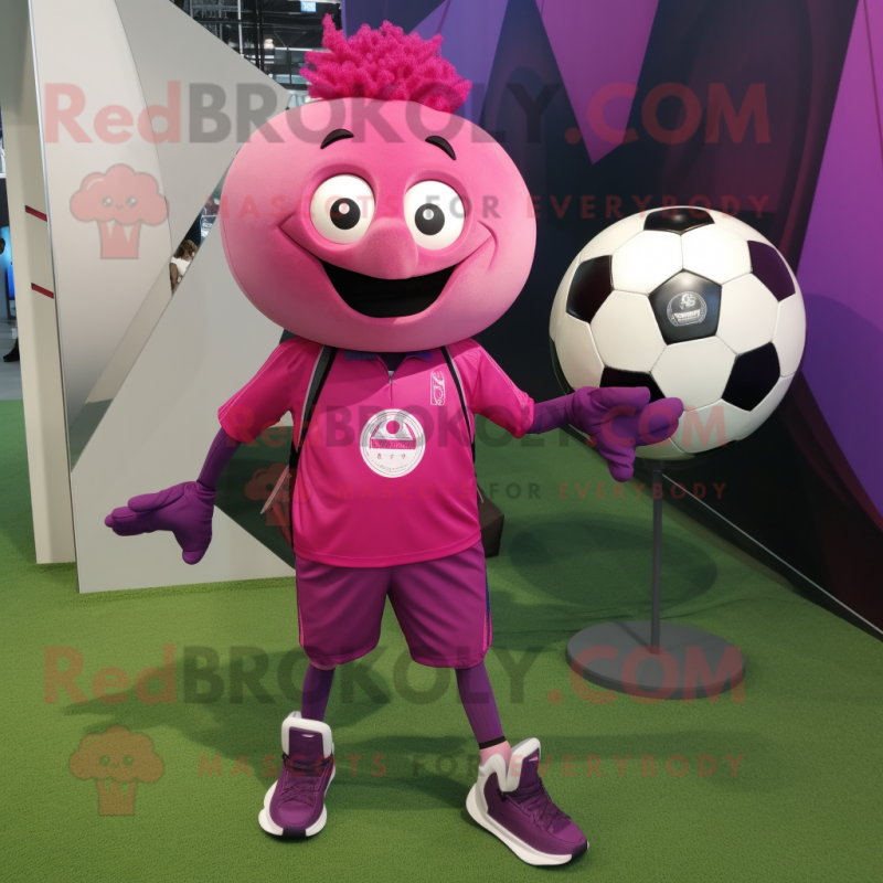 Magenta Soccer Ball mascot costume character dressed with a Jeggings and Backpacks