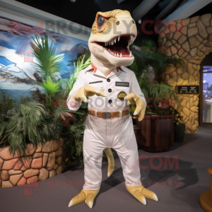 Cream Allosaurus mascot costume character dressed with a Playsuit and Belts