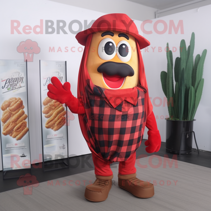 Red French Fries mascot costume character dressed with a Flannel Shirt and Scarf clips